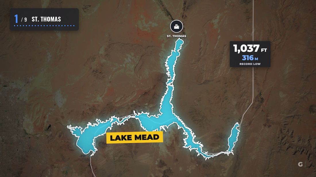 Lake Mead traced in cyan with St. Thomas pinned at its northern end