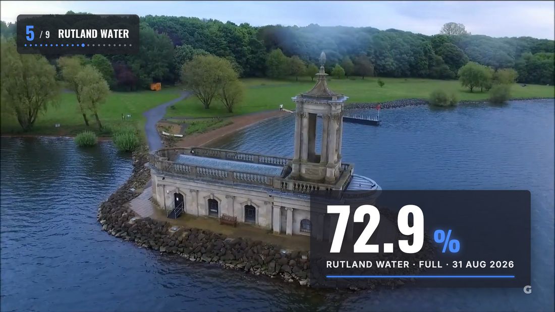 Drone footage of the half-drowned church at Rutland Water with 72.9 percent full