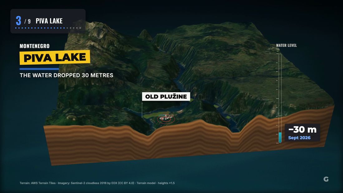 Piva Lake in Montenegro as a 3D slab of real terrain, the water 30 metres below its usual level